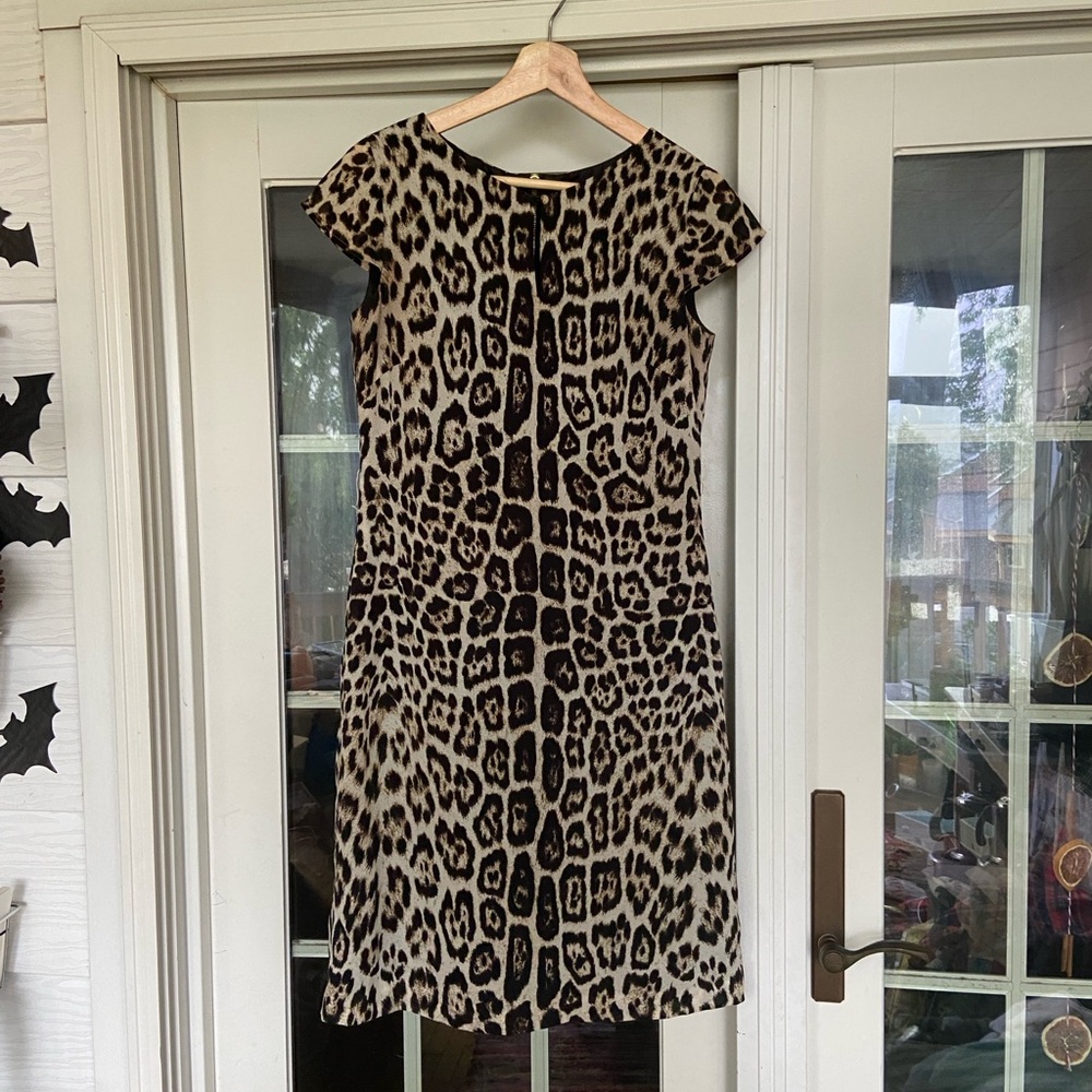 Tahari Arthur S. Levine Cocktail Dress Cheetah Sz 4 Exposed Zipper Keyhole Neck